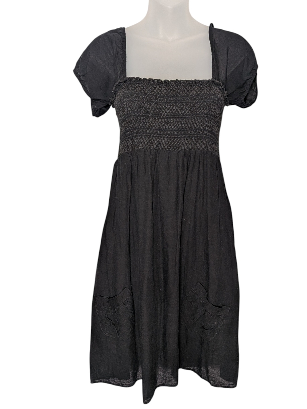 Zoey Beth Black Smocked Puff Sleeve Cotton Dress Pockets Square Neck Fairy Grung